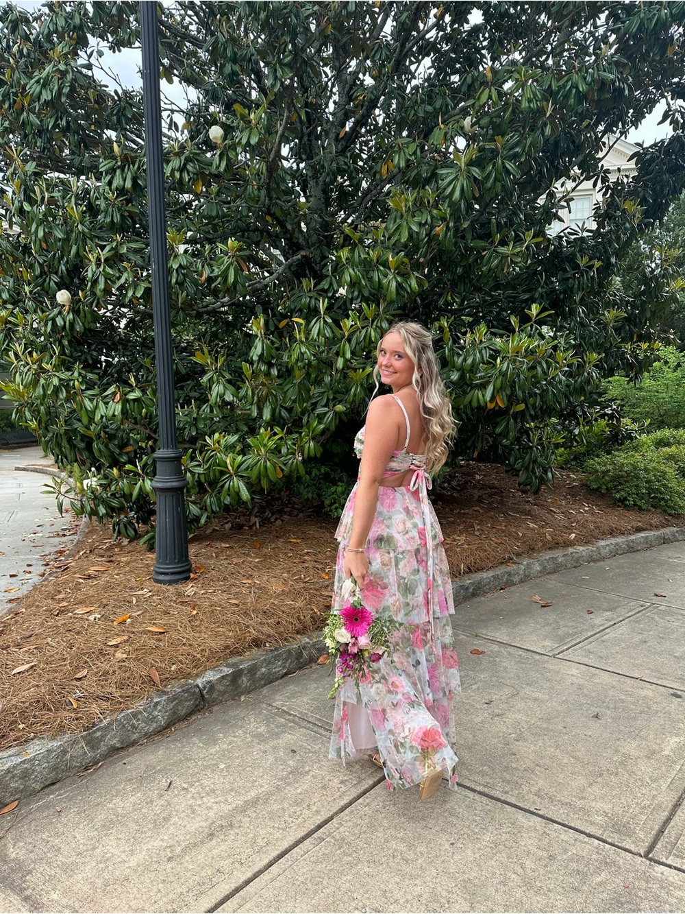 Floral Pink Tiered Lace-Back Maxi Dress